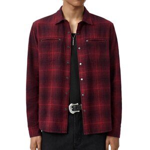 John Varvatos Men's Dario Brushed Plaid Snap Front Pocket Overshirt Pomegranate